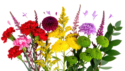 A vibrant, multi-colored bouquet of various floral blooms against a black background