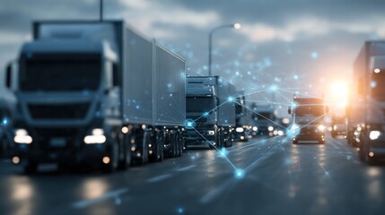 Highway lined with trucks, connected by a network, dusk setting in