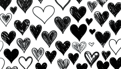 Scattered, sketchy hearts in varying sizes, shades of gray, and white on a solid black background