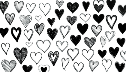 Black and white image features a collage of drawn hearts, varying in size and shading