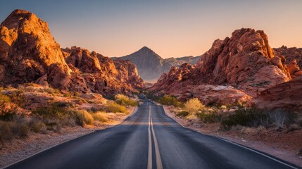 A desert road stretches through canyons and towards a mountain under an orange-toned sky