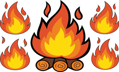 Campfire with flames, cartoon fire illustration, camping theme, vibrant fire design, outdoor adventure, stylized logs, safety education, warm glow
