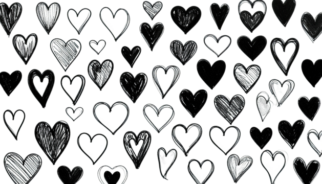 Black and white image features a collage of drawn hearts, varying in size and shading - Powered by Adobe