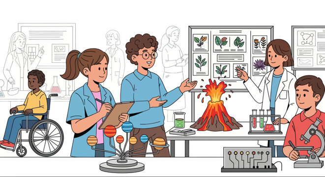 Diverse Group of Students Engaging in Science Experiment in Classroom.