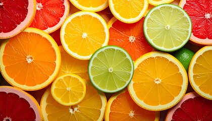 Obraz premium Vibrant citrus fruit slices including oranges, grapefruits, and limes creating a colorful, fresh, and healthy food background