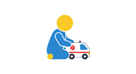 Stylized person in blue scrubs playing with a toy ambulance.