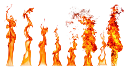 Digitally created collection of animated fire flames, bright orange, red, and yellow on black background