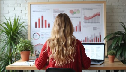 Blonde woman works on laptop at office desk. Back view of person in red sweater. Charts and plants are around. Business and technology concept for work.