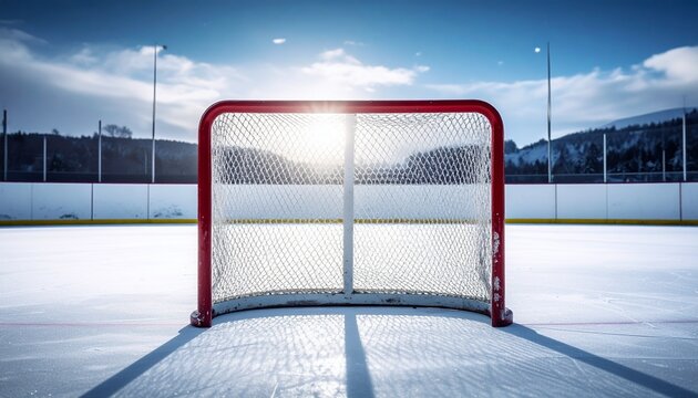 Hockey net on an ice rink under a sunny sky with mountain background