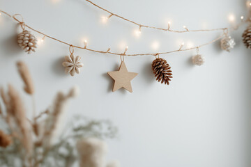 やわらかな灯りに浮かぶ木製スターと松ぼっくりの冬オーナメント