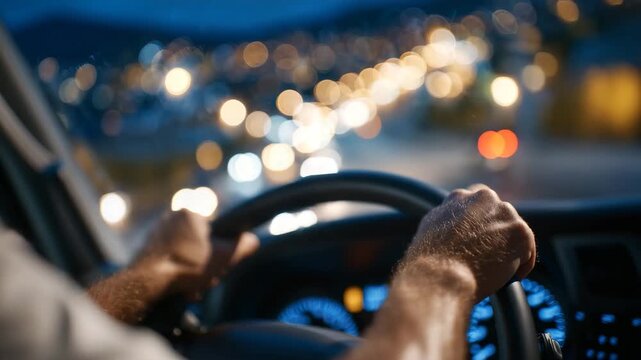 41Dramatic close-up of a tired truck driver gripping the wheel with heavy hands, eyelids drooping, highway lights creating bokeh through dusty windshield, warm dashboard light contra