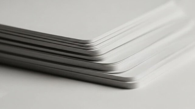 Dynamic Close-up of Stacked White Cards with Rounded Corners Shuffling and Revealing Edges