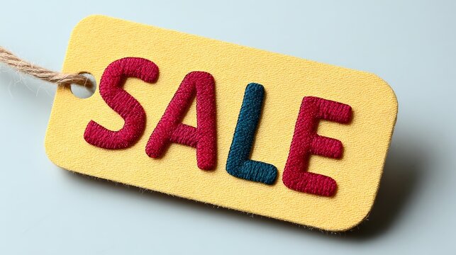 Yellow tag with the word Sale written in red and blue. The tag is hanging from a string