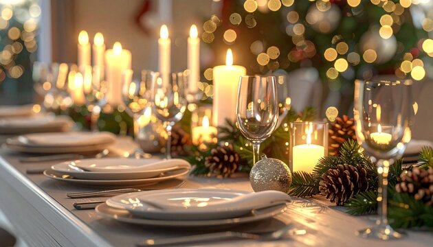 Elegant festive dinner table adorned with glowing candles and sparkling decorations, creating a warm, inviting ambiance for holiday celebrations