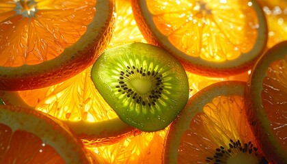 Close-up macro shot of vibrant citrus fruit slices and a glistening kiwi slice creating a visually appealing healthy food background