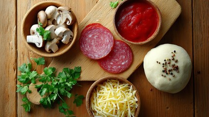 Wooden cutting board with a variety of pizza toppings, including pepperoni, mushrooms, and cheese