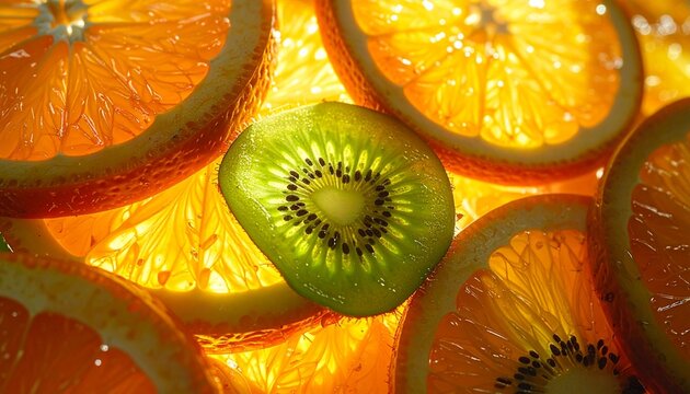 Close-up macro shot of vibrant citrus fruit slices and a glistening kiwi slice creating a visually appealing healthy food background