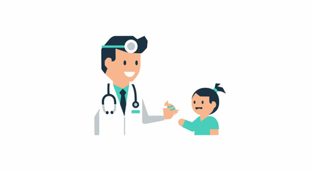 Cartoon doctor examining a young patient with a stethoscope and head mirror.
