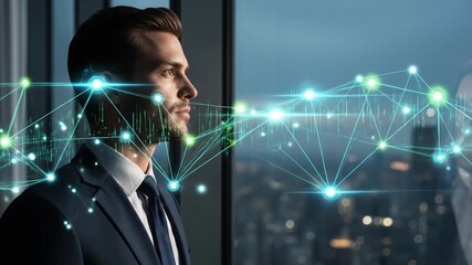 Businessman observing the future of data networks and global connectivity from an office - Powered by Adobe