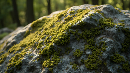 Lichen patterns on boulders in forests. Textures of lichen in dappled shade. Exploring forest boulders covered in lichen. Nature's art: lichen in shaded woodlands.