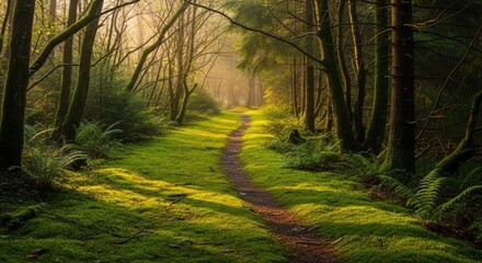 Fototapeta premium Enchanted Forest Path Bathed in Golden Sunlight and Lush Green Moss
