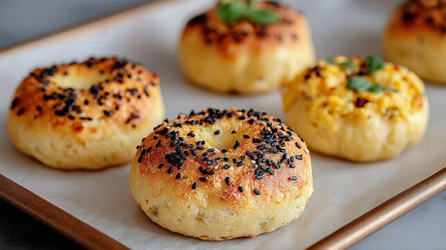 Tray of six different types of donuts with black sesame seeds. The donuts are arranged in a row and are all different sizes and shapes