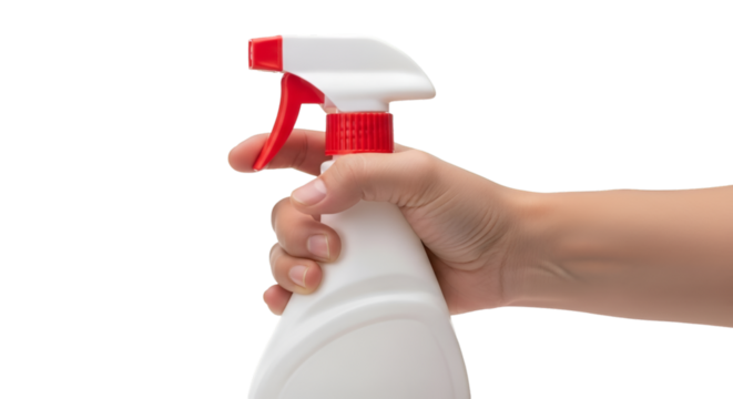 Hand Holding White and Red Spray Bottle on Black Background