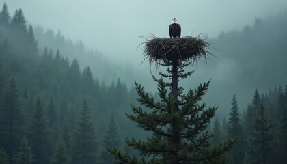 Bald eagle rests in nest atop pine tree. Foggy forest surrounds bird. Majestic raptor watches over its woodland domain, symbol of wild nature and freedom.