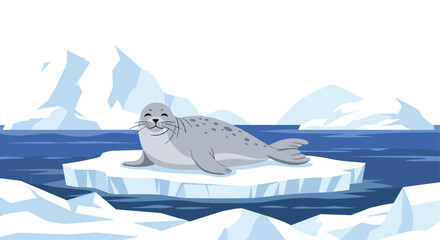 Adorable seal resting on an ice floe in the cold arctic waters with icebergs in the background, showcasing wildlife in its natural habitat.