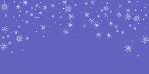 White delicate, lacy snowflakes are carried by the wind against a purple background. Christmas or New Year's background. Vector