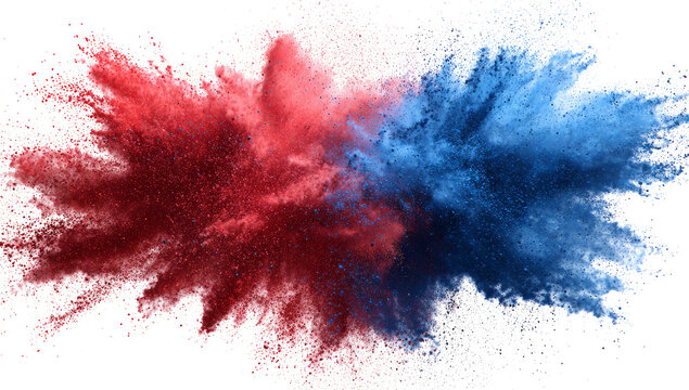 bright red and blue paint color powder festival explosion burst isolated white background.