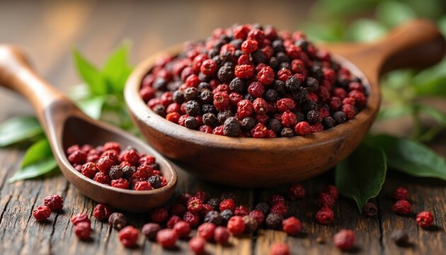 Wooden bowl and spoon filled with red and black peppercorns. Some peppercorns scatter on rustic table surface near green leaves. Spice blend for cooking.