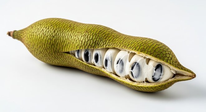 Close-up view of a partially opened green ice cream bean pod revealing white pulp and black seeds on a white background.