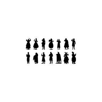 Silhouette people with theatrical masks, expressive gestures, dramatic poses, standing and bowing, emotional body language, diverse figures, communication, 