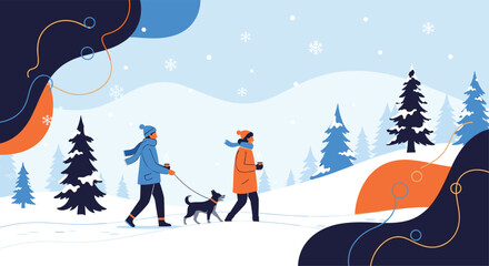 Couple walking their dog in a serene snowy winter forest landscape, enjoying cold weather and nature with abstract shapes.