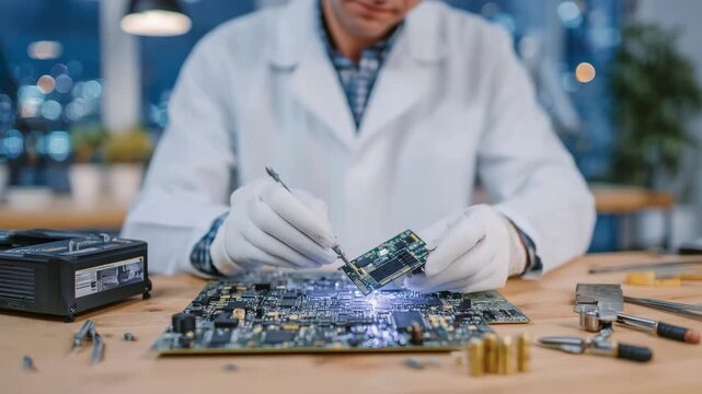 51Technologist&rsquo;s hands examining an illuminated circuit board, glowing soldering station in background, scattered capacitors and small screwdrivers on a wooden workbench, modern elec
