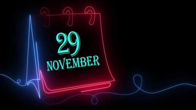 Neon Glowing 29 November Calendar Animation with Striking Red and Blue Light Effects on Dark Background – Futuristic Digital Date Display for Events, Holidays, Festivals, and Special Celebrations