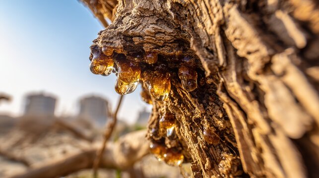 secretion. Close-up of frankincense tree bark with teardrop-shaped resin droplets glinting. gardening catalogs, home-decor guides, designed for gardening and botanical catalogs, used by clinicians.
