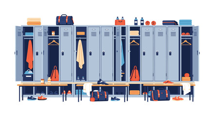 Locker room interior with open and closed lockers, benches, and various sports equipment, illustrating a gym, school, or sports facility.
