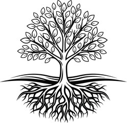 Obraz premium Tree of life vector illustration roots branches leaves black and white eps silhouette