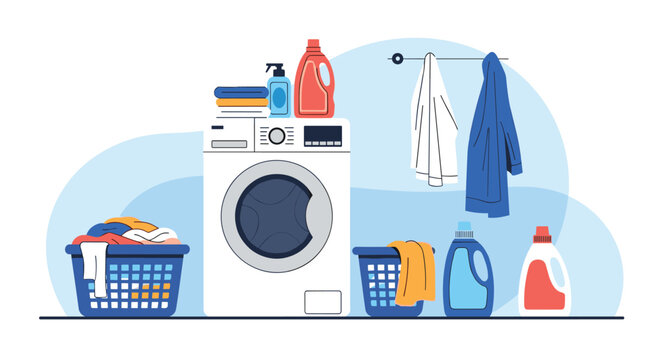 Modern home laundry room scene with an active washing machine, baskets full of clothes, and various detergent bottles on the shelf.