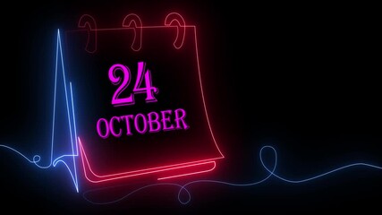 Neon Glowing 24 October Calendar Animation with Striking Red and Blue Light Effects on Dark Background – Futuristic Digital Date Display for Events, Holidays, and Special Celebrations