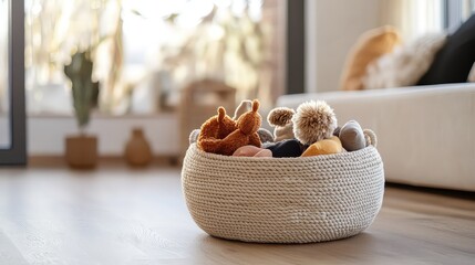 Plakat A stylish, woven rope toy basket overflowing with a curated selection of modern dog toys in muted earth tones, placed on a light hardwood floor, chic pet ownership, soft natural light. 