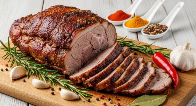 Juicy roasted pork loin, sliced and served on a wooden cutting board with fresh rosemary, garlic, chili pepper, and a selection of colorful spices - Powered by Adobe