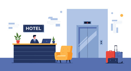 Hotel lobby interior with a reception desk, staff, elevator, and luggage, representing hospitality services and travel accommodation.