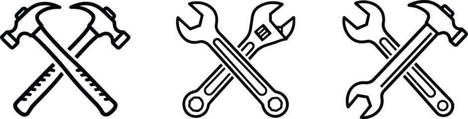 Black and white crossed tools icons — hammer, wrench, and spanner line art symbols for mechanic, repair, and construction design