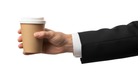 Hand in suit holding disposable coffee cup jacket sleeve
