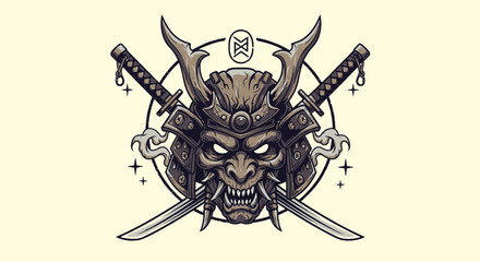 Fototapeta premium Illustration of a samurai mask with crossed katanas and decorative smoke elements on a light background.