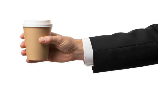 Hand in suit holding disposable coffee cup jacket sleeve