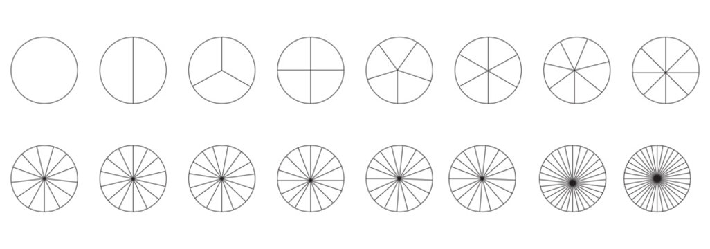 Segmented circles set. Diagram wheel parts. Line art segment slice sign. Circle section graph. Pie chart icon. Round diagram part infographic. Geometric element. Vector illustration